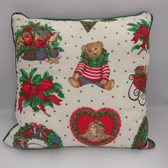 Vintage Handmade Joan Kessler Christmas Peppermint Teddy Bear 16" Square Pillow - Picture 1 of 5